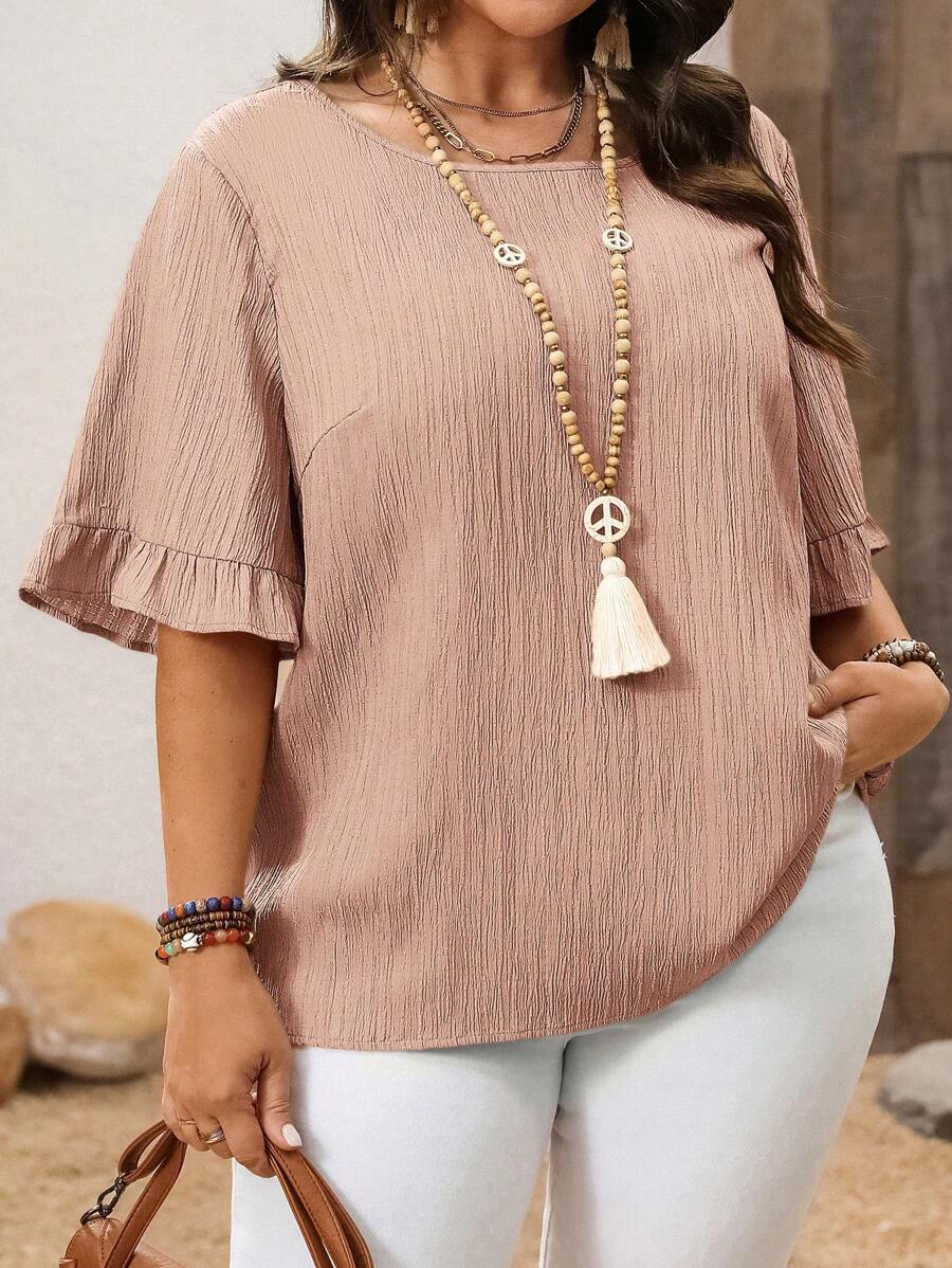 EMERY ROSE 加大码荷叶边下摆短袖衬衫，简约时尚休闲日常度假女士春夏装，西式女装，春夏装 - 粉色 - 查看 1