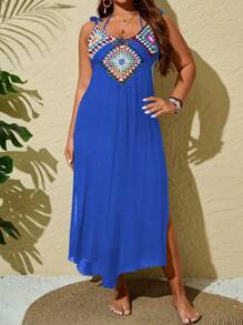 SHEIN VCAY Plus Size Women Hand Knit Patchwork Loose Casual Beach Coverup - Blue - View 3