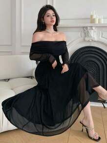 DAZY Spring/Fall Elegant Off-Shoulder Midi Dress For Wedding Guest, Solid Color,Dress For Wedding Long Sleeve Dress Prom Dress - Black - View 4