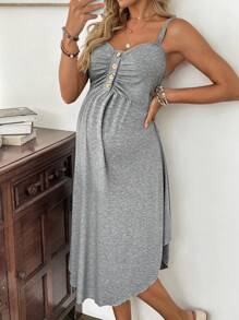SHEIN Đầm suông cho con bú màu trơn dây mảnh cho bà bầu đi nghỉ - Xám - Xem 4