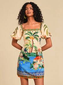 Travachic 女士假日棕榈树印花方领泡泡袖迷你连衣裙、女士夏季服装、女士沙滩装、女士西部装、女士演唱会服装、波西米亚风、热带度假、女士波西米亚风连衣裙、女士热带风连衣裙、女士连衣裙、新款度假女士连衣裙、女士度假服装