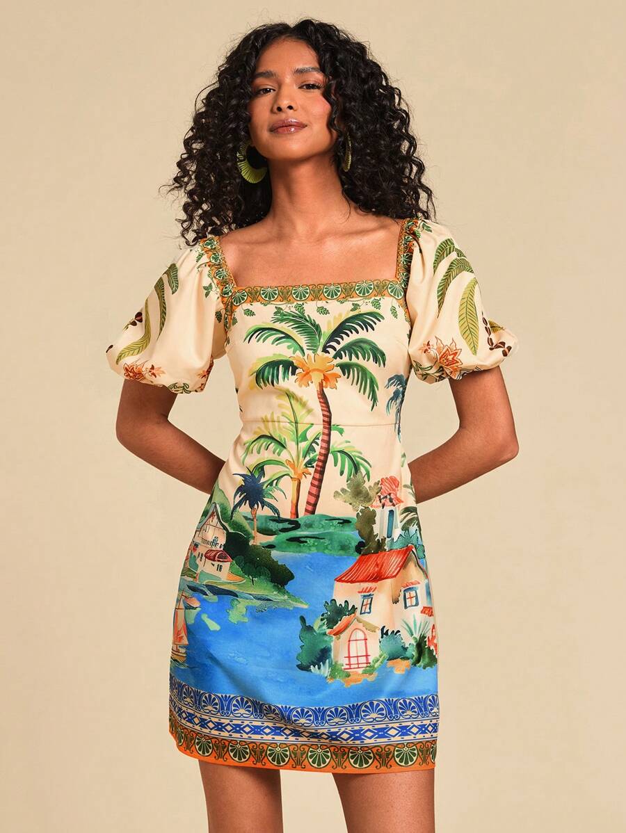 Travachic 女士假日棕榈树印花方领泡泡袖迷你连衣裙、女士夏季服装、女士沙滩装、女士西部装、女士演唱会服装、波西米亚风、热带度假、女士波西米亚风连衣裙、女士热带风连衣裙、女士连衣裙、新款度假女士连衣裙、女士度假服装