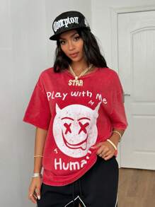 SHEIN EZwear Women's & Men's Summer Rave Couple Costumes Western Wear Y2K Rapper Streetwear Devil Graphics Dirty 100% Cotton Washed Over Size T-Shirt - Burgundy - View 7