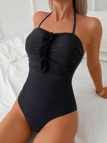 SHEIN Swim Plus Size Women's Solid Color Halter Neck Ruffled Front One-Piece Swimsuit, Beach Holiday - Black - View 3