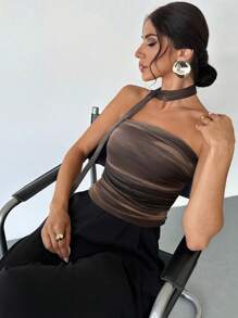 Firerie Women's Simple Elegant Fashion Sexy Romantic Tie-Dye Tie Dye Print Neck Tie Ruffle Tube Top,Rave Top - Chocolate Brown - View 5