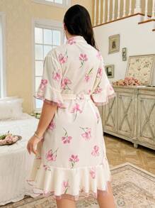 CottageSlumber Floral Print Contrast Mesh With Ruffle Hem Plus Size Sleepwear - Multicolor - View 2