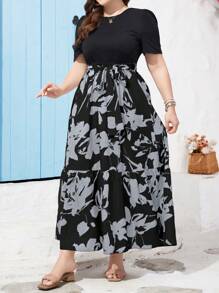 SHEIN Holidaya Plus Size Random Printed Ruffle Hemline Short Sleeve Dress With Round Neck Maxi Women Outfit