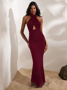 Opulessa Solid Color Knitted Halter Backless Bodycon Slit Dress For Women Dresses For Wedding Event