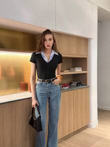 Pariaura Body de manga corta con cuello para mujer en color negro, para primavera