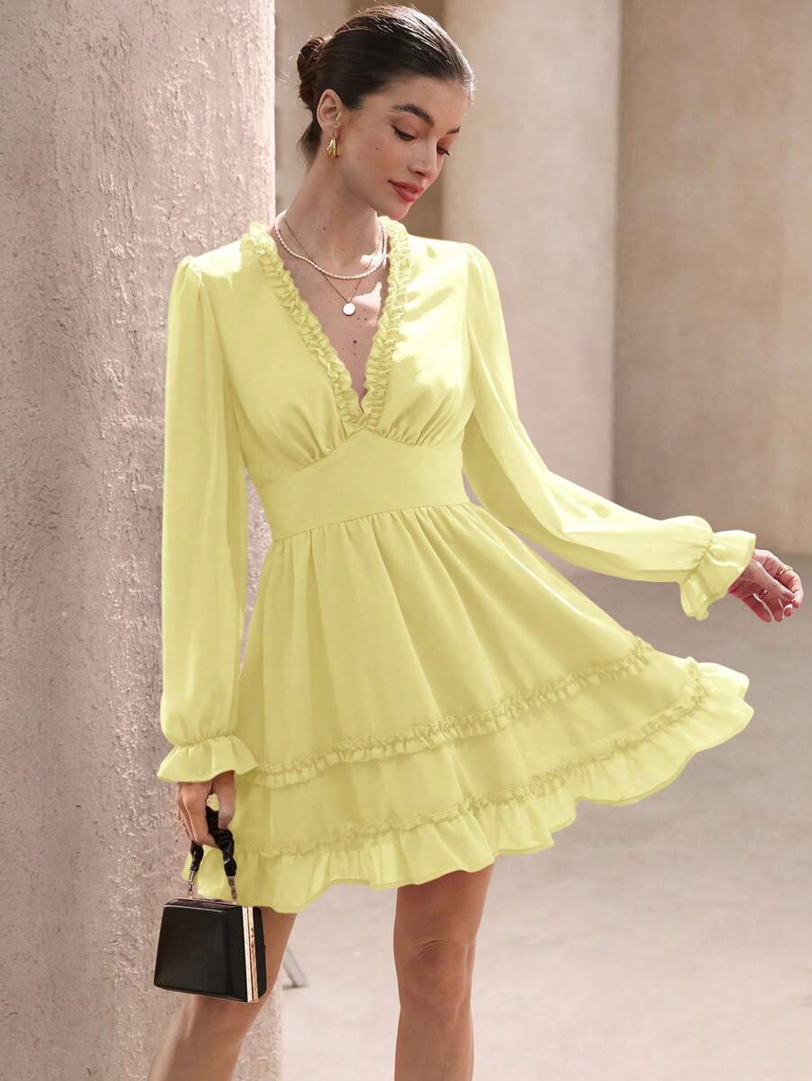 GENKIRA Rose Pink V-Neck Ruffled Layered Romantic Elegant French Style Chiffon Long Sleeve Dress  Old Money Style For Spring Fall - Yellow - View 1
