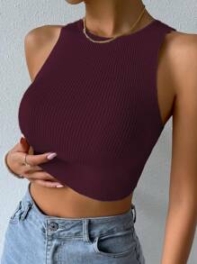 SHEIN Unity Women's Solid Color Crew Neck Sleeveless Ribbed Knit Slim Sweater - Burgundy - View 3