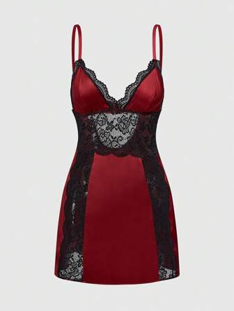 Goth Gothic Black Satin Lace Patchwork Nightgown