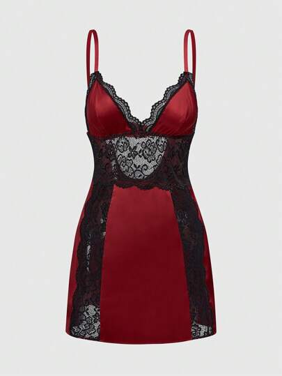 Gothic Black Satin Lace Patchwork Nightgown