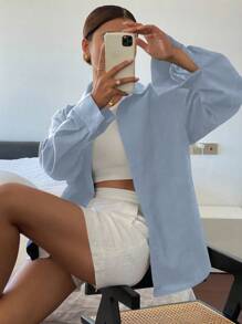 Livesso Solid Color Casual Versatile Long Sleeve Collared Pocket Blouse For Women, Spring/Summer Linen,Fall Clothes - Blue - View 4
