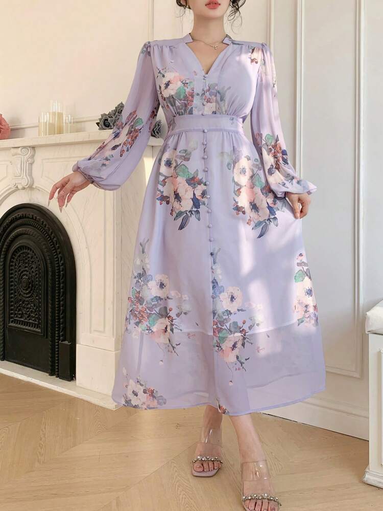 Women's V-Neck Waist Cinched Long Sleeve Ditsy Floral Pattern Print Elegant Casual Dress,Fall Dress