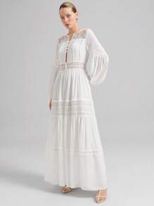 Ontre 白色雪纺浪漫蕾丝拼接长袖高开叉下摆优雅女士连衣裙