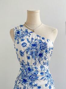 Soleia Váy chữ A xếp nếp nhiều lớp in hoa lãng mạn dành cho nữ, thích hợp cho kỳ nghỉ, tốt nghiệp, đám cưới, trà chiều - Xanh và trắng - Xem 4