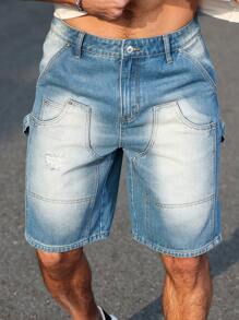 Manfinity LEGND 男士休闲洗水破洞牛仔短裤 - 藍色 - 查看 5