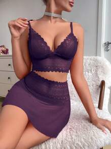 SHEIN 2pcs/Set Women Lace & Mesh Wireless Lingerie Dress Set For Going Out - Purple - View 6