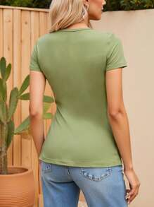 Vacation Casual Color Blocking Lace Patchwork Square Neck Short Sleeve T-Shirt - Mint Green - View 2