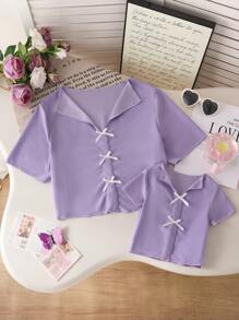 大码女式迷人休闲V领荷叶边蝴蝶结短袖T恤，母女装（2件分开出售） - 紫色 - 查看 6