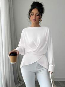 Elenzga 女士交叉系腰长袖宽松衬衫，秋冬 - 白色 - 查看 5