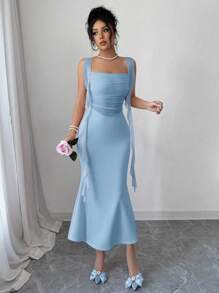 Selianne 25 piezas Nuevo vestido de primavera/verano romántico y elegante con diseño de volantes de medusa, ajustado y acampanado con empalme de malla - Azul - Ver 3