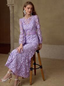 MOTF PREMIUM ROMANTIC LACE LANTERN SLEEVE MERMAID HEM DRESS - Purple - View 4