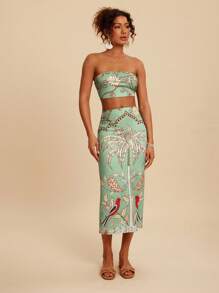 Travachic 2 件套女士花卉印花短款吊带背心上衣和裙子休闲度假装，女士两件套，女士度假装，波西米亚风，夏季 - 綠色 - 查看 4