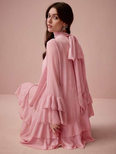 Enchnt Women Elegant Solid Color Ruffle Flared Sleeve Dress,Bohemia,Summer Dresses For Women