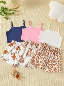 3 件套女孩休闲卡通动物图案细肩带上衣搭配短裤家居服套装 - 彩色 - 查看 2