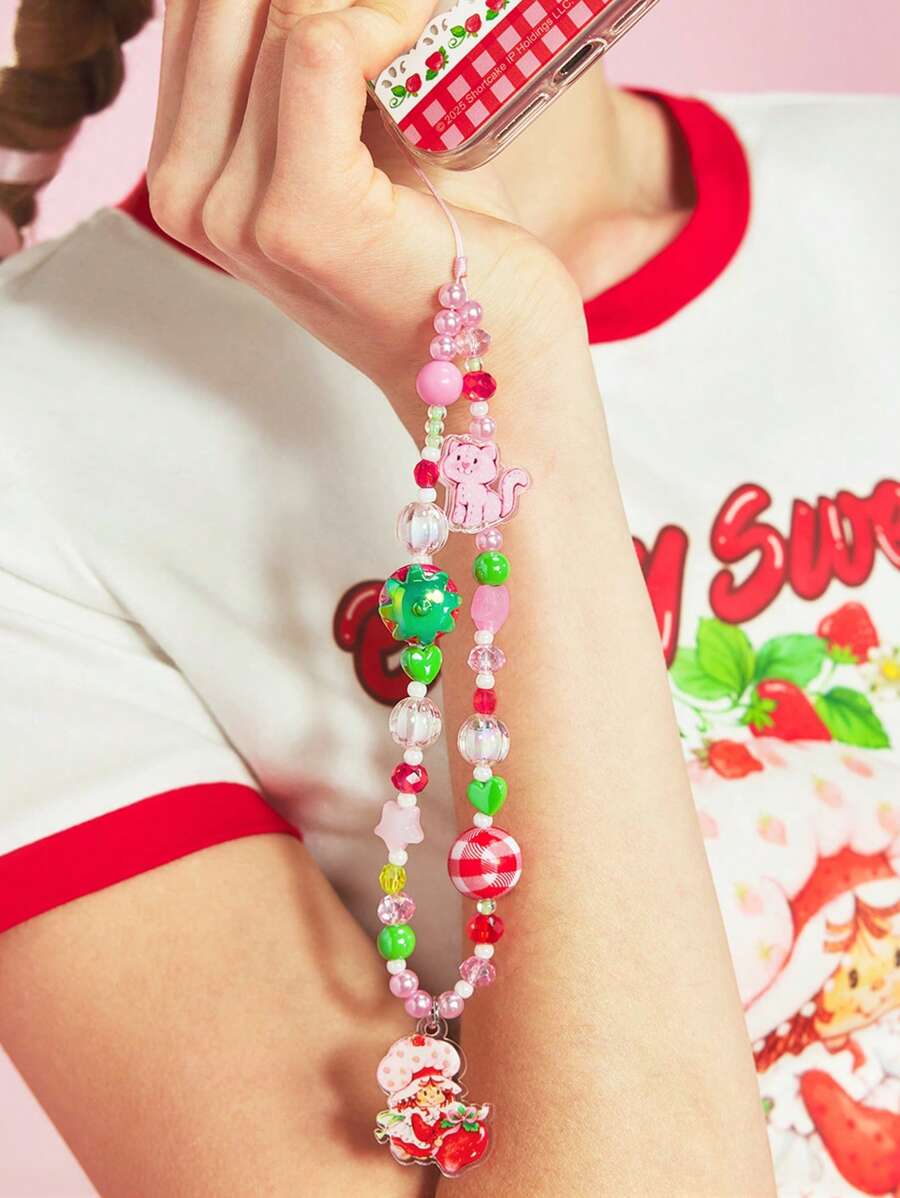 Strawberry Shortcake X SHEIN 手工串珠草莓手机挂绳/挂饰，粉色，可爱猫咪，甜美女孩，适用于所有手机壳，送礼佳品，春夏皆宜，海滩度假必备 - 彩色 - 查看 1