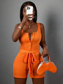 Slaydiva Sommerurlaub, einfarbig, orange, eckiger Ausschnitt, Knopfleiste vorne, ärmelloser Jumpsuit