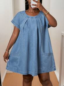 Slaydiva New Spring And Summer Casual Street Elegant Daily Date Round Neck Raglan Short Sleeves Cap Sleeves A Hem Pocket Decoration Babydoll Skirt Mini Skirt Light Wash Blue Women's Denim Dress-B - Light Wash - View 1