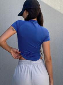 DAZY 女式部分纽扣立领短袖修身短款运动衫、休闲运动服、短款上衣