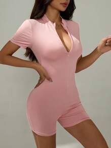 SHEIN PETITE Women's Casual Pink Knitted Unitard With Stand Collar, Short Sleeves, And Zipper Detail - Pink - View 7