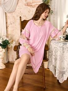 Côtesoire Camisón holgado y largo de mujer con elegante encaje francés - Rosa - Ver 5