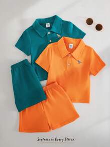 Cozy Pixies Baby Boy 4pcs Set: Contrast Color Knit Soft Polo Collar Short Sleeve Half-Button Pullover Top And Elastic Waist Shorts