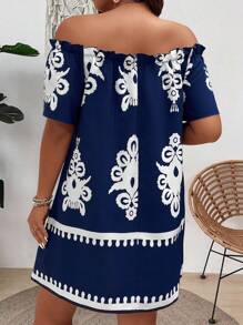 SHEIN Clasi Vestido con hombros descubiertos, mangas cortas, volantes y estampado floral para mujer de talla grande - Azul - Ver 2