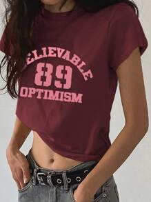 DAZY Camiseta feminina estilo rua solta com estampa de letras e manga curta, amarela, primavera/verão