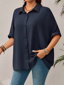 EMERY ROSE Plus Size Women's Solid Color Batwing Sleeve Loose Single-Breasted Casual Shirt,Vacation Woman,Summer - Navy Blue - View 4