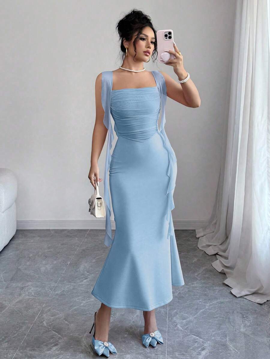 Selianne 25 piezas Nuevo vestido de primavera/verano romántico y elegante con diseño de volantes de medusa, ajustado y acampanado con empalme de malla - Azul - Ver 1