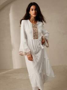 Anewsta 优雅刺绣串珠女式 A 字裙，穿着舒适，全长女式长款服装 - 白色 - 查看 4