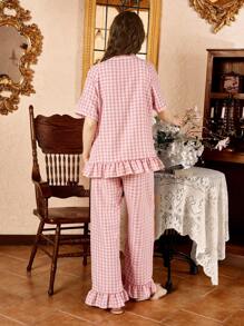 Plaid Ruffle Trim Casual Women Pajama Set - Pink - View 2