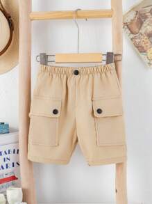 SHEIN Baby Boy & Girl Casual Sports Utility Pocket Shorts, Suitable For Spring And Summer, Indoor And Outdoor Wear - Khaki - View 3