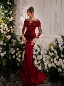 Glamrae Elegante y lujoso vestido de satén elástico de manga larga con aplicaciones de encaje bordado, diseño de cola de sirena, adecuado para bodas, fiestas, vacaciones, bailes de graduación y ocasiones formales (diseño de lujo), vestido de invitada de boda, vestido de noche, vestido de gala