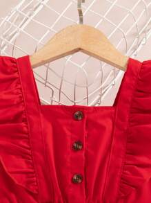 SHEIN Elladie kids Young Girl Solid Color Ruffle Trim Button Jumpsuit, Casual - Red - View 7