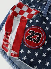ROMWE Avant American Flag Patchwork Distressed Low Waist Denim Shorts - Blue - View 3