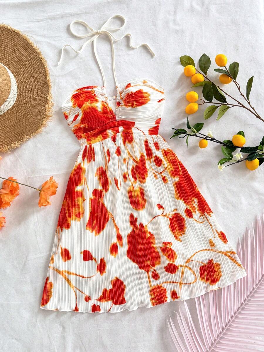 Soleia 女士度假风红色扎染花卉印花 A 字形系带领飘逸蝴蝶结夏季连衣裙，性感可爱，适合毕业季、婚礼季、圣诞节 - 黃色 - 查看 1