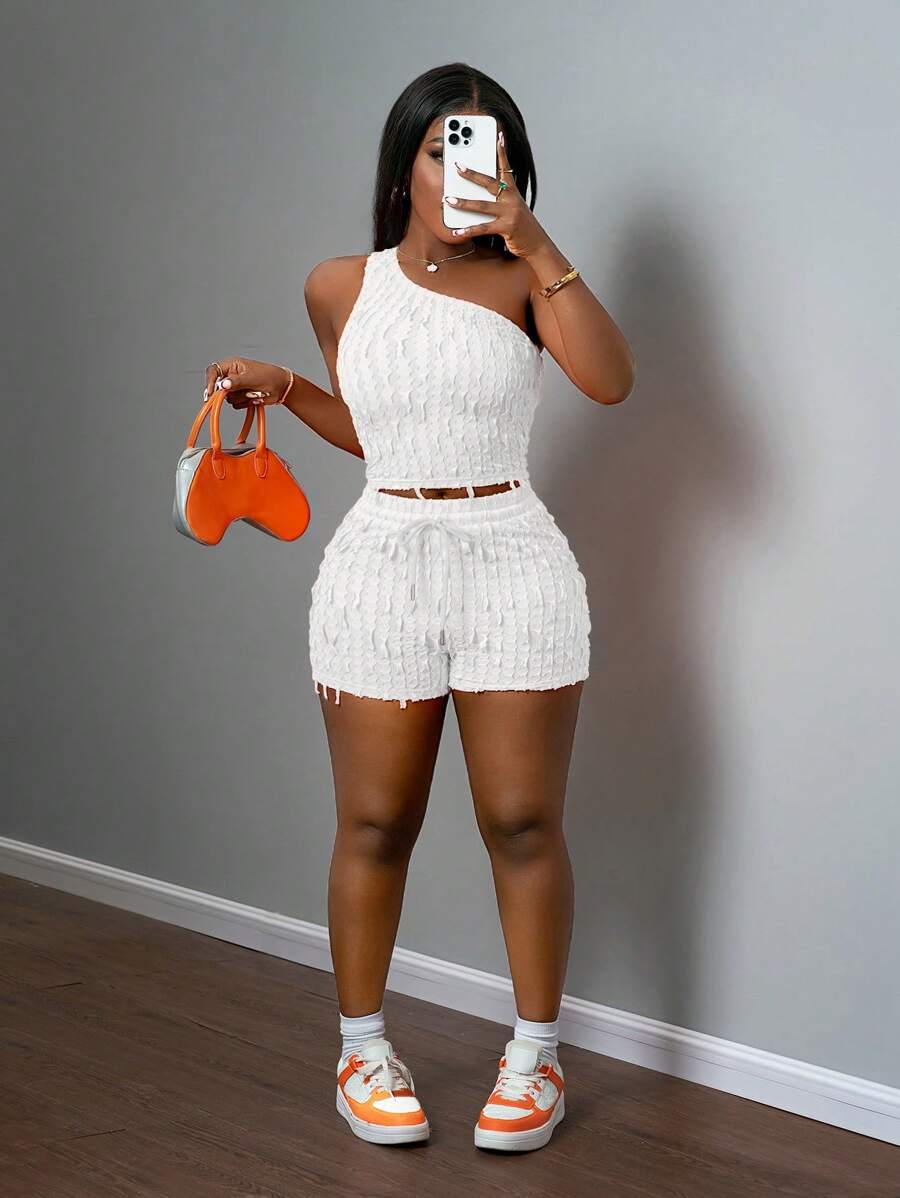 Slaydiva New Casual Vacation 2 Pieces Set: Asymmetric Fitted Sleeveless Top & Shorts, Spring/Summer - White - View 1